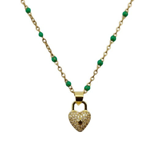 Cadena corazon mostacilla verde 50 cm  Acero