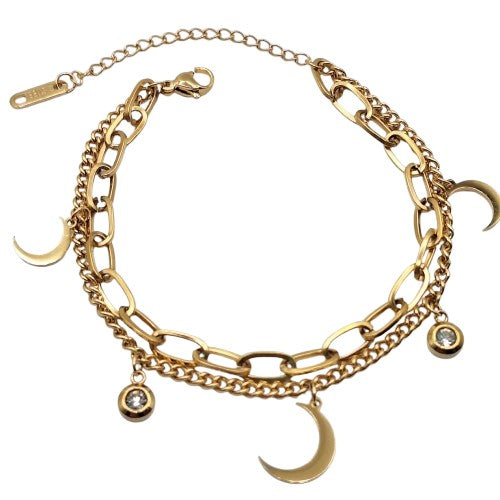 Pulsera doble cadena luna 18 cm Acero