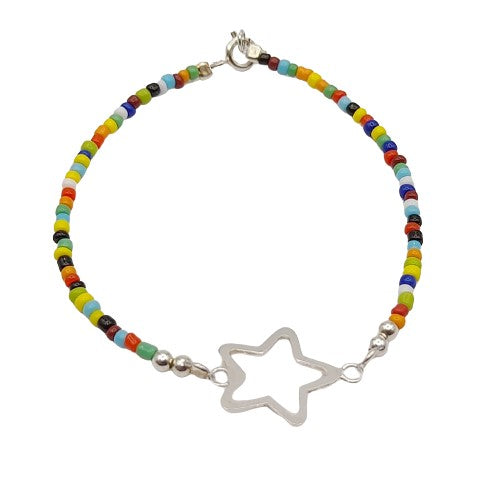 Pulsera mostacilla colores con estrella 18 cm Plata