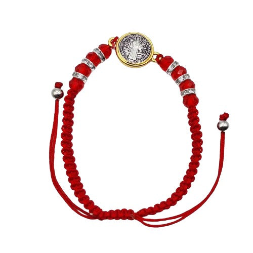 Pulsera Hilo Rojo San Benito borde dorado Bisutería